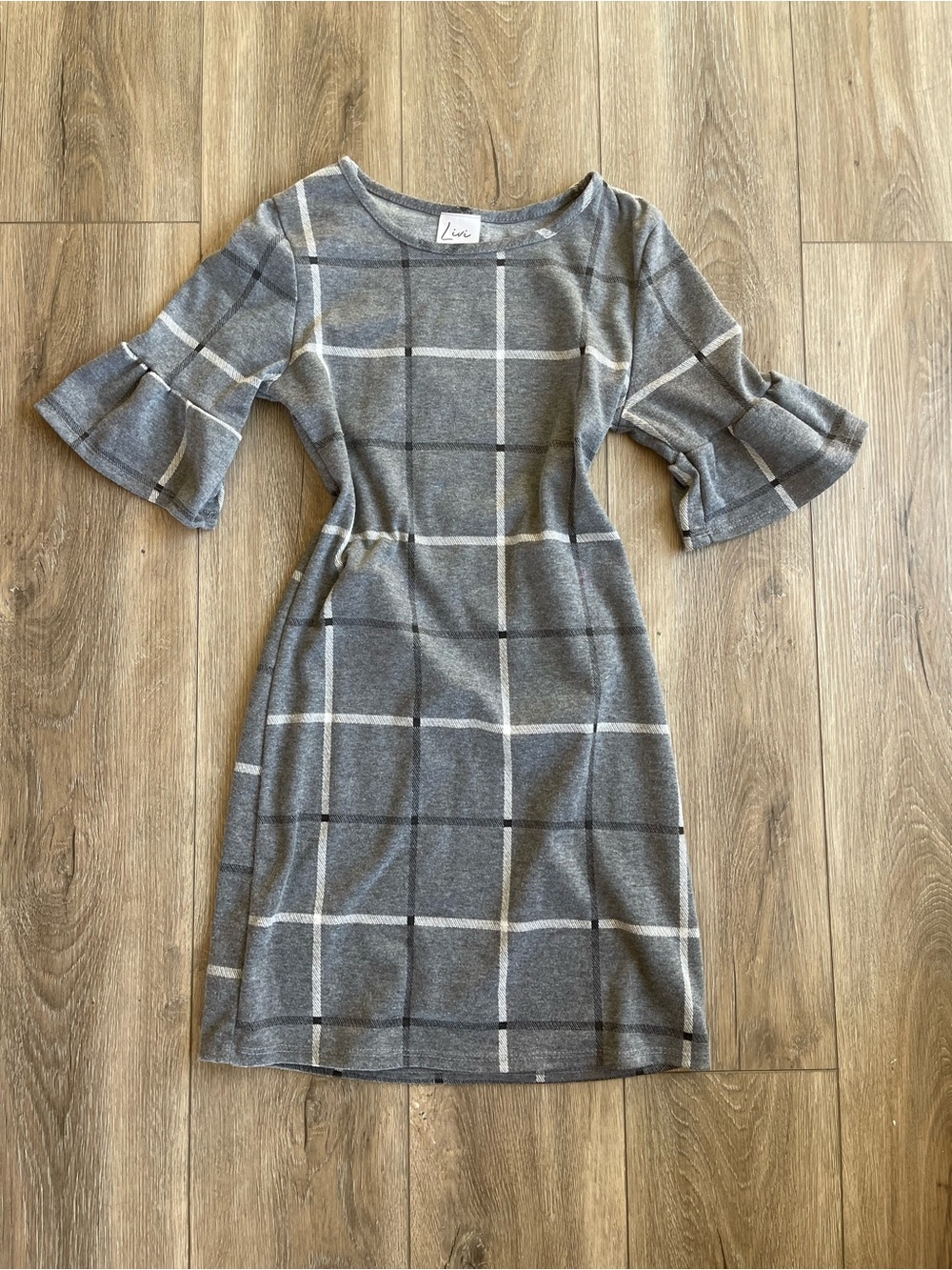 Olivia Rae Gray and White Plaid Knit Bell-Sleeve Mini Dress